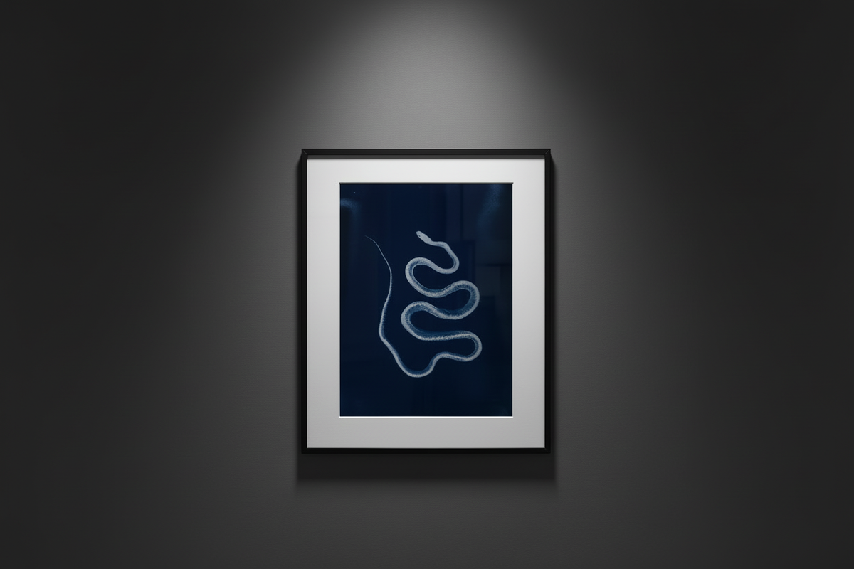 Hero image with framed snake print lower in frame